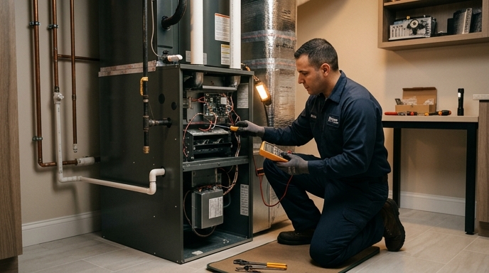 Furnace Repair expert checking heating system