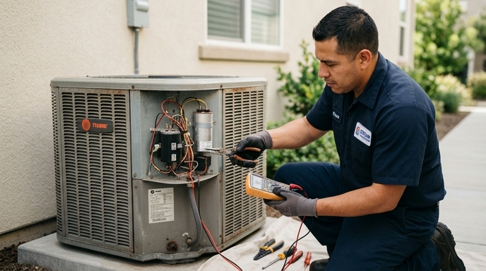 Residential AC Repair technician performing maintenance on an indoor air handler