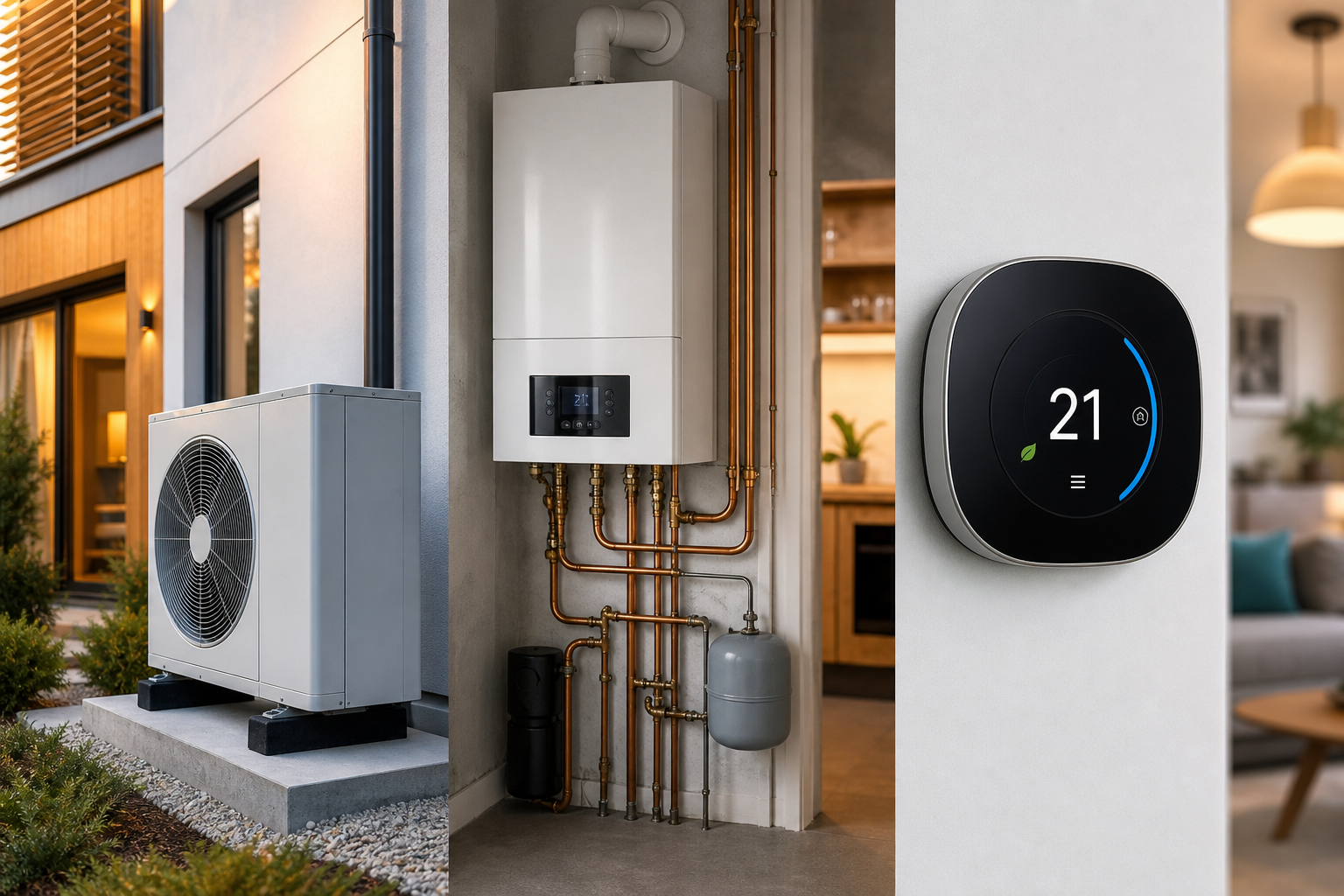 Heating System Types: 7 Ultimate Options for Winter Comfort 4 Various Heating System Types diagrams or representations (furnace, heat pump, boiler) with snow falling outside a window, illustrating comfort