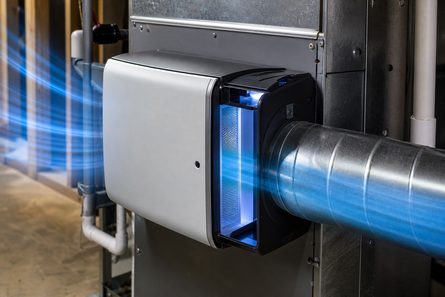 A modern whole home air purifier unit integrated into a duct system, with clean air flowing through a stylized home interior, 16:9 aspect ratio.