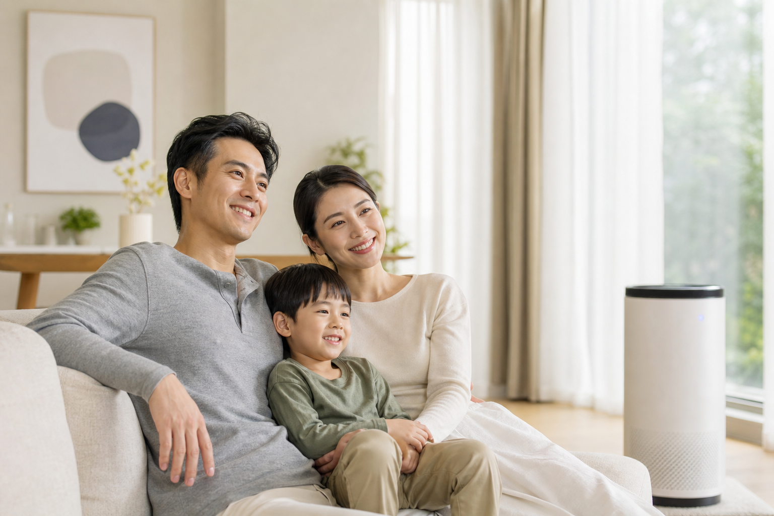 A family enjoying clean air in a modern home, with a subtle illustration of a whole home air purifier system in the background, 16:9 aspect ratio.