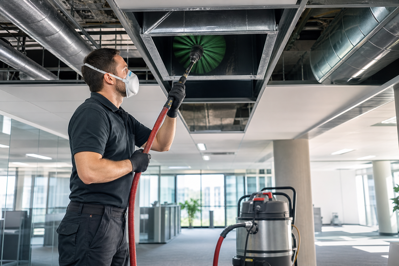 A clean, modern office environment with employees working comfortably, with a subtle emphasis on fresh air flow and a faint sparkle in the air, 16:9 aspect ratio, professional, high-quality, banner image, Commercial Air Duct Cleaning