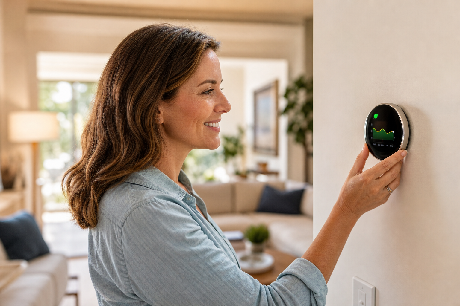 Homeowner reviewing their HVAC Cost Savings on a tablet, with a modern, energy-efficient outdoor unit in the background