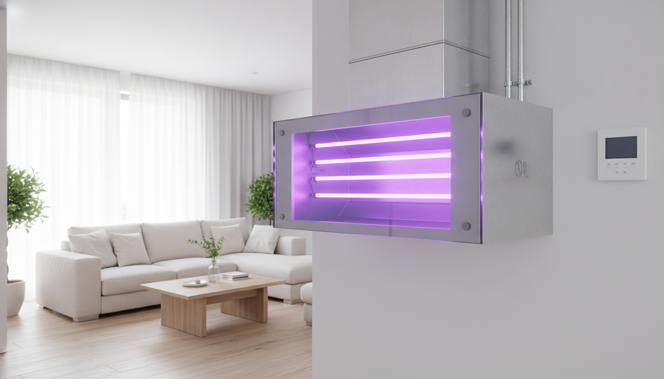 UV Light Air Purifier: 4 Powerful Benefits for a... 3 A modern home interior with clean, bright air, subtle glowing lines representing air purification, and a stylized UV light air purifier unit visible. Emphasize a fresh, healthy atmosphere. UV Light Air Purifier.